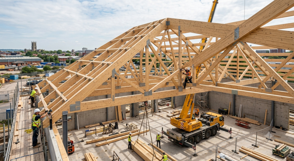 ​Commercial roofing structural installation showing a large wide-span timber truss framework engineered for a Doncaster business.