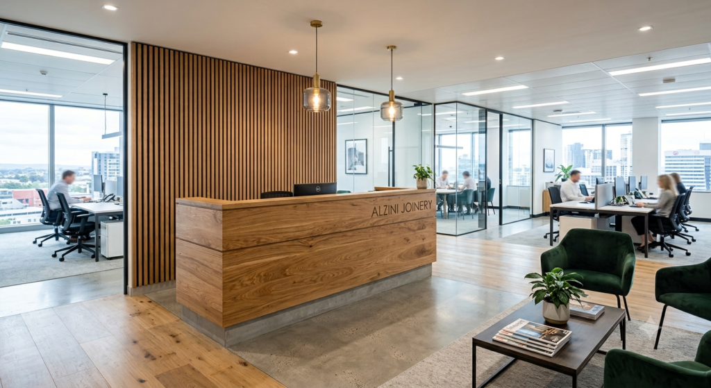 ​Professional office fit-outs execution showing a bespoke timber reception desk and acoustic wood paneling in a Doncaster workspace.