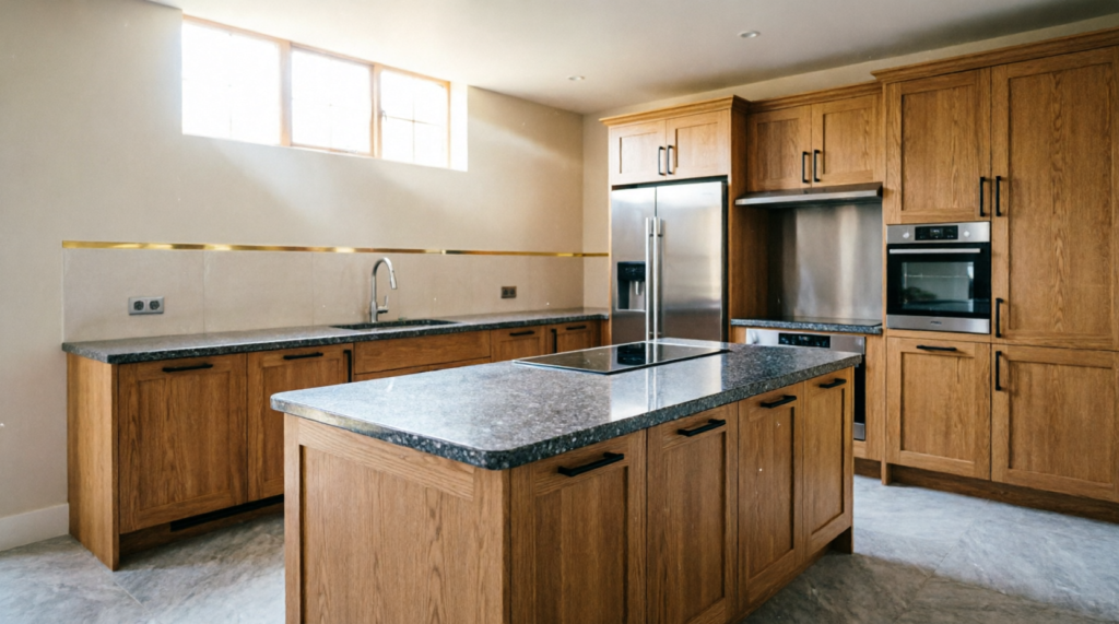 Luxury bespoke kitchen with custom oak cabinetry and granite worktops
