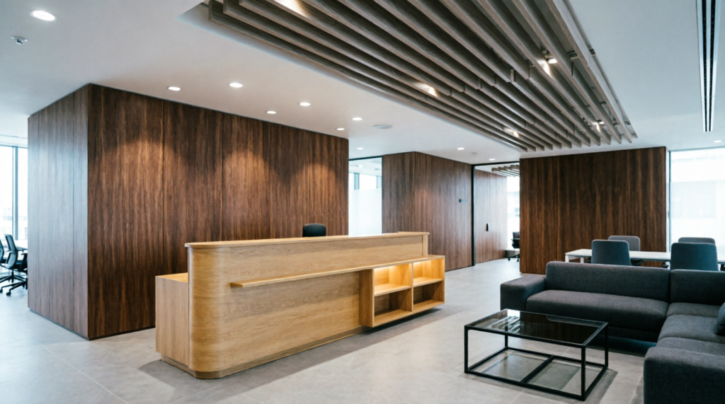 Modern commercial office fit-out with custom timber reception desk and wall paneling