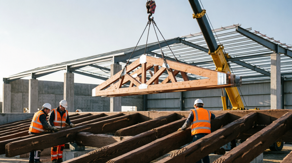 Commercial roofing construction with bespoke timber trusses and structural framework