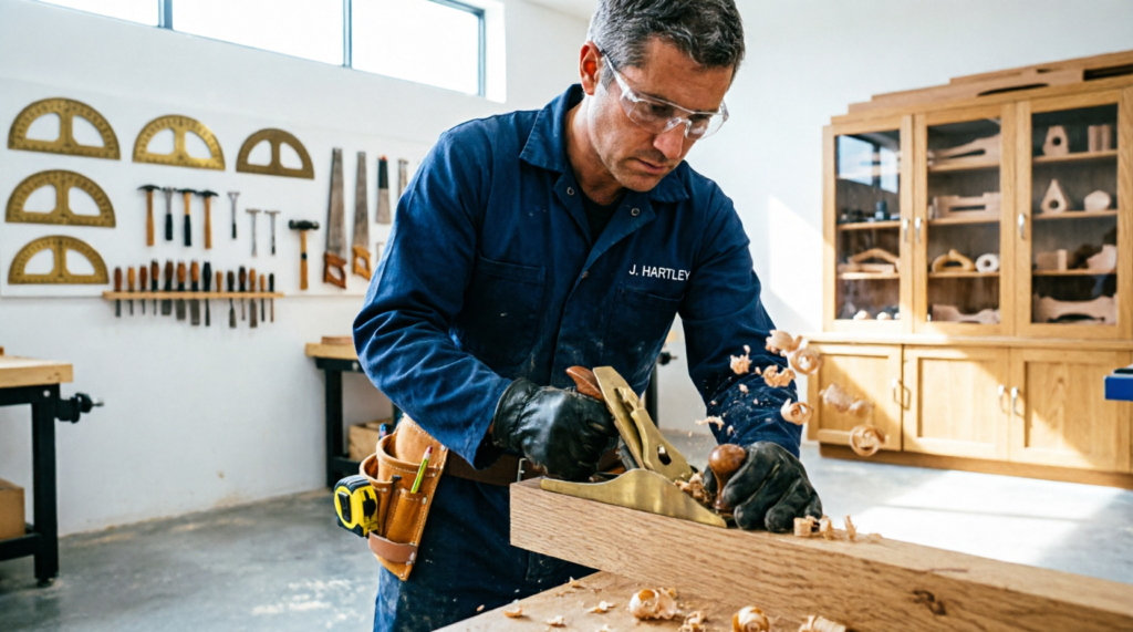 Professional carpenter crafting bespoke wooden joinery in UK workshop
